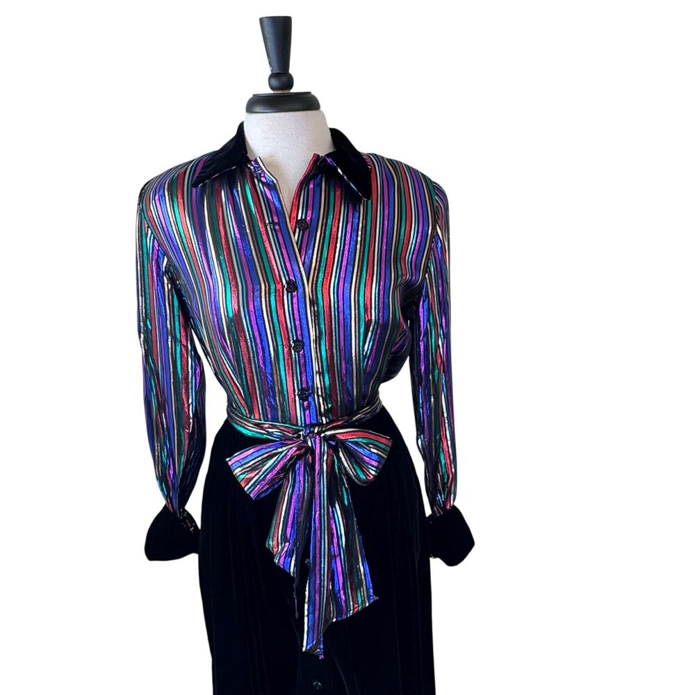 Christa New York Vintage Metallic‎ Striped Velvet Gown Maxi Shirt Dress Size 10 - Picture 2 of 16
